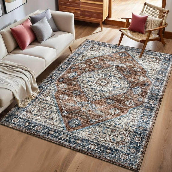 GlowSol 9'x12' Rugs for Living Room Bedroom Washable Vintage Medallion Carpet Soft Non Slip Low Pile Floral Print Area Rug, Red