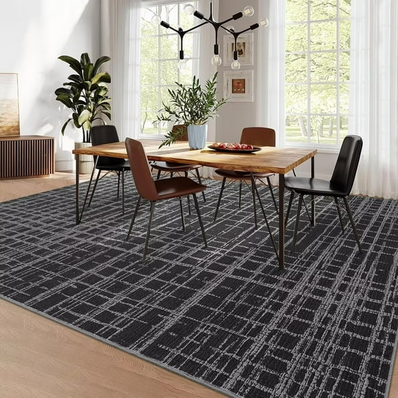 GlowSol 9'x12' Rugs for Living Room, Modern Abstract Area Rug Low Pile Non-Slip Geometric Stripes Carpet, Soft Foldable Bedroom Rug, Black