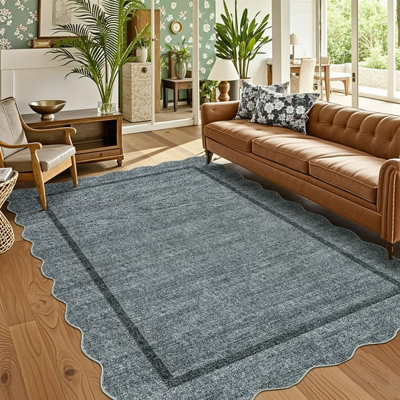 GlowSol 9'x12' Scalloped Edge Area Rug Modern Bordered Rug Soft Non-Slip Low Pile Foldable Rugs for Living Rom Bedroom, Gray