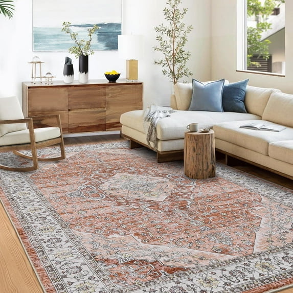 GlowSol 9'x12' Washable Area Rug Vintage Floral Rug Boho Medallion Large Area Rug Soft Low Pile Non-Shedding Throw Rugs for Living Room, Orange Pink