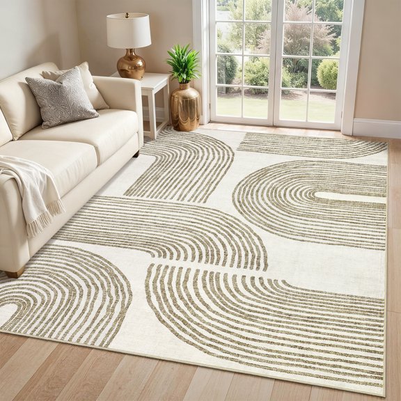GlowSol 9'x12' Washable Area Rugs Geometric Stripes Rug Indoor Modern Non-Slip Low Pile Accent Carpet for Living Room Bedroom, Taupe