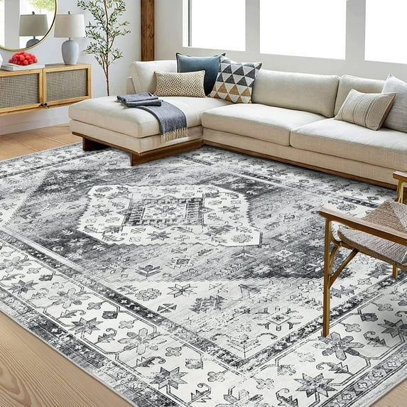 GlowSol 9'x12' Washable Area Rugs for Living Room Bedroom Large Vintage Boho Medallion Rug Floral Print Throw Rugs Low Pile Non-Slip Carpet, Grey