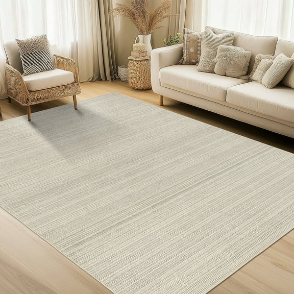 GlowSol 9'x12' Washable Area Rugs for Living Room Bedroom Modern Striped Soft Non-Slip Low Pile Accent Rug, Beige