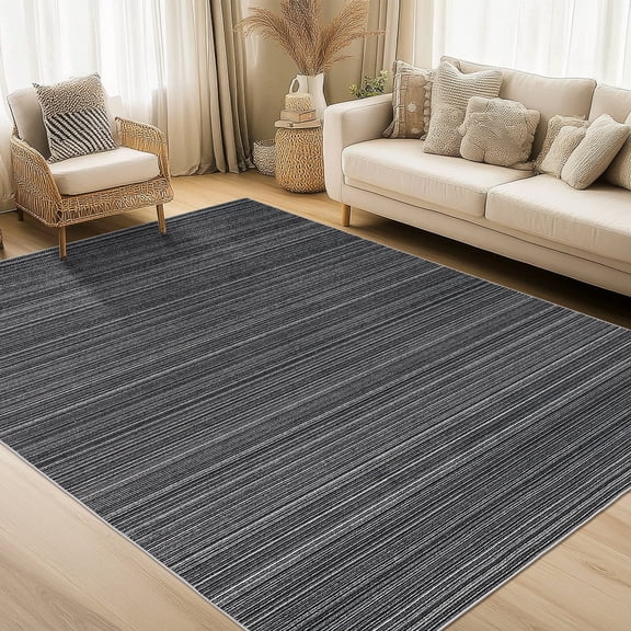 GlowSol 9'x12' Washable Area Rugs for Living Room Bedroom Modern Striped Soft Non-Slip Low Pile Accent Rug, Black