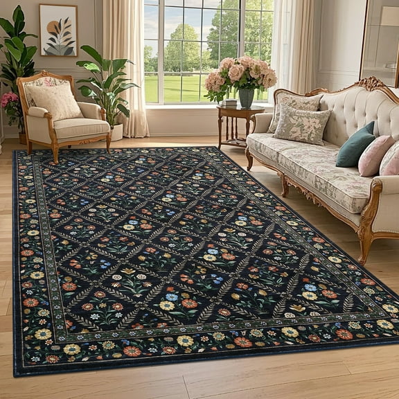 GlowSol 9'x12' Washable Floral Area Rugs for Living Room Bedroom Farmhouse Soft Non-Slip Low Pile Foldable Accent Rug, Black Blue