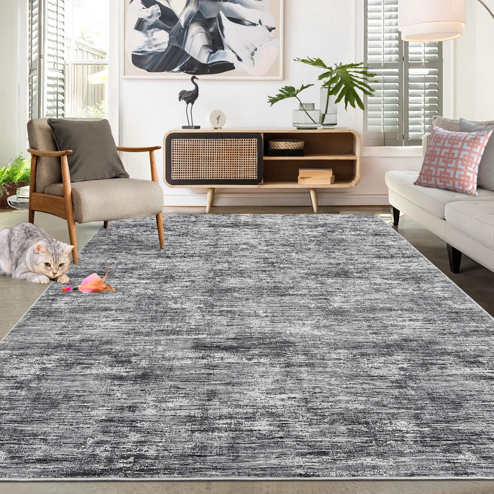 GlowSol 9'x12' Washable Rugs for Living Room Bedroom Modern Abstract Solid Area Rug Non-Slip Low Pile Rug Soft Foldable Accent Rug, Light Gray