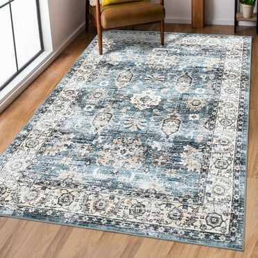 GlowSol 9'x12' Washable Vintage Persian Rugs for Living Room Bedroom Large Floral Print Distressed Rug Non-Slip Low Pile Carpet, Greenish Blue