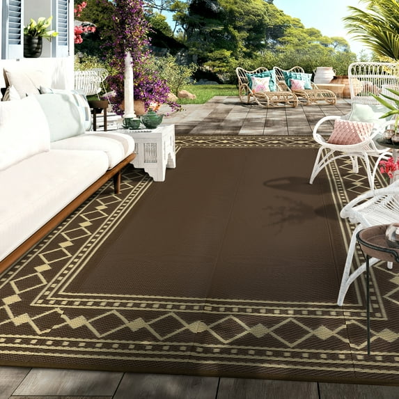 GlowSol 9'x18' Outdoor Rug Modern Bordered Plastic Straw Rug Waterproof Reversible Mat Outdoor Foldable Rug for Camping Patio Picnic, Brown Coffee
