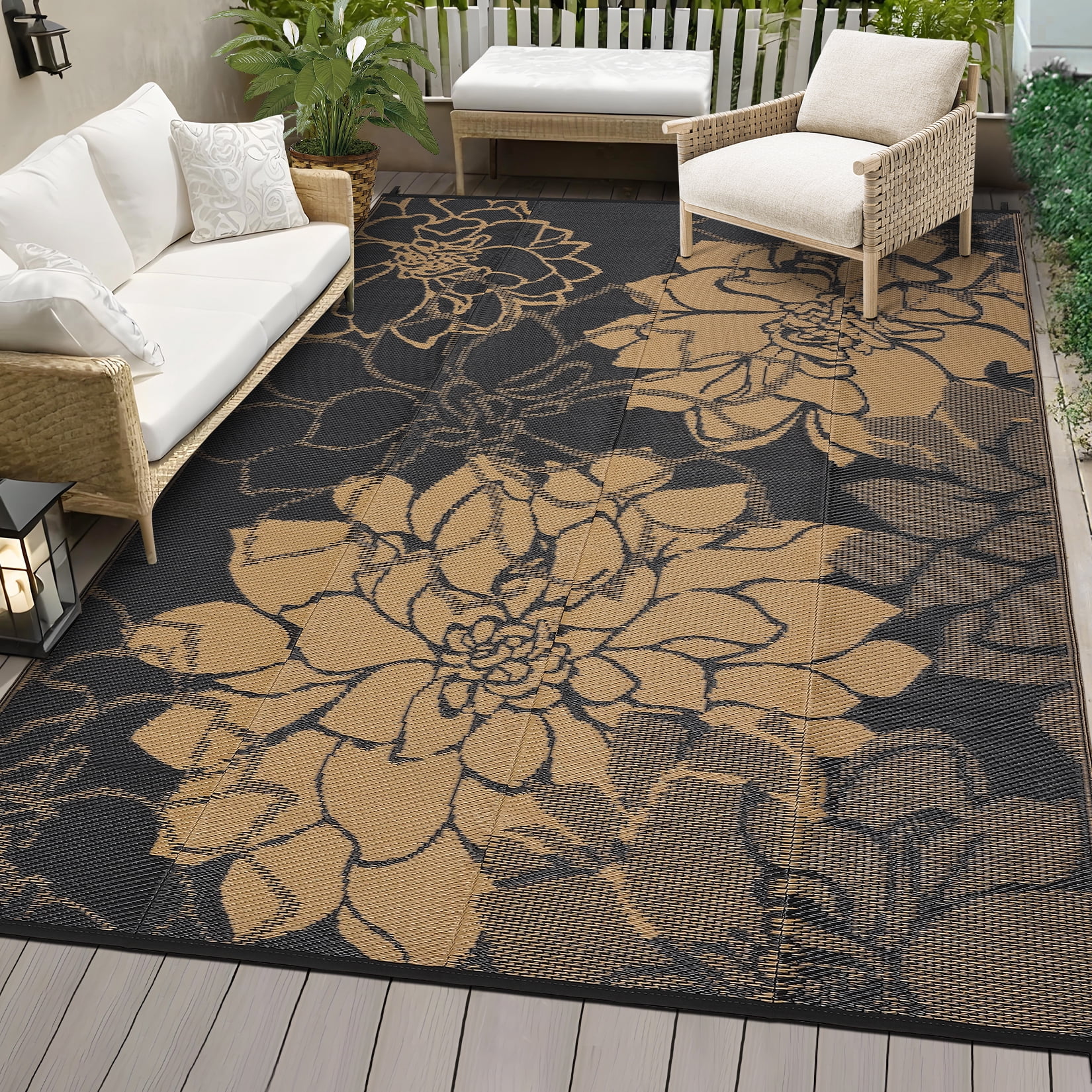 GlowSol 9'x18' Outdoor Rug Plastic Straw Rug Modern Floral Reversible Camping Mat Waterproof Foldable Rug for Camping Patio RV Balcony, Black Coffee