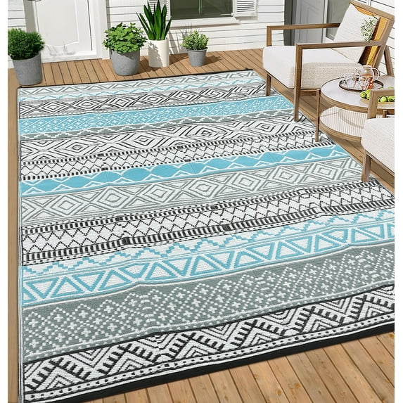 GlowSol 9'x18' Outdoor Rug for Patio Waterproof Reversible Plastic Camping Rugs for Rv Porch Deck Camper Balcony Backyard, Blue Gray