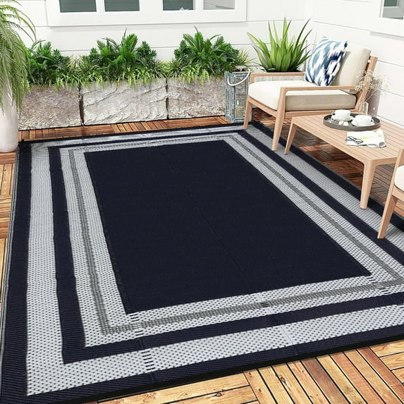 GlowSol 9'x18' Outdoor Rug for Patio Waterproof Reversible Plastic Camping Rugs for Rv Porch Deck Camper Balcony Backyard, Dark Blue