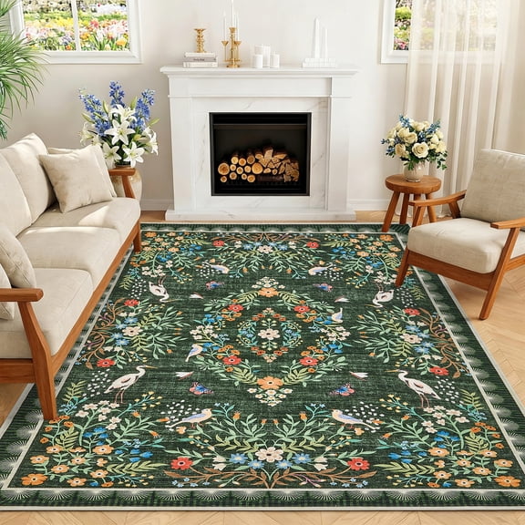GlowSol 9x12 Green Washable Vintage Floral Area Rug, Non Slip Low Pile Rug for Hallway Kitchen Bedroom