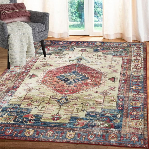 GlowSol 9x12 Large Area Rug Traditional Persian Rug Non Slip Non Shedding Rug Tribal Distressed Throw Rugs Soft Rug for Living Room Bedroom, Red