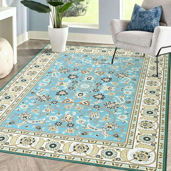 GlowSol 9x12 Large Washable Area Rug Floral Print Rug Farmhouse Vintage Rug Stain Resistant Non-Slip Rug Indoor Floor Carpet for Dining Room Office, Blue