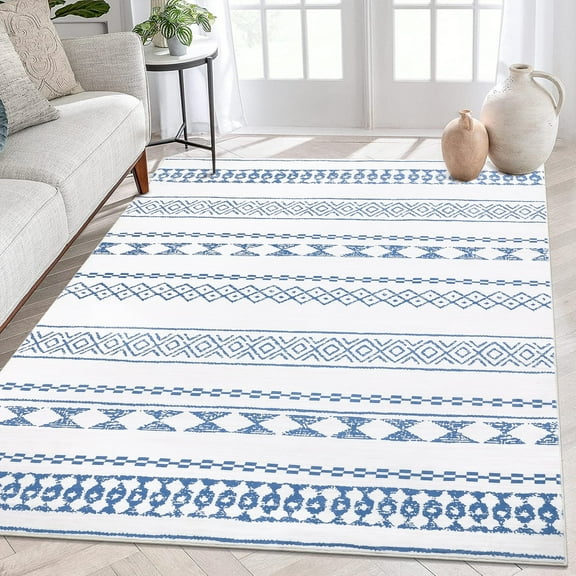 GlowSol 9x12 Large Washable Rug Bohemian Farmhouse Area Rug Modern Geometric Area Rug Moroccan Rug for Bedroom Dining Room Home Office, Blue