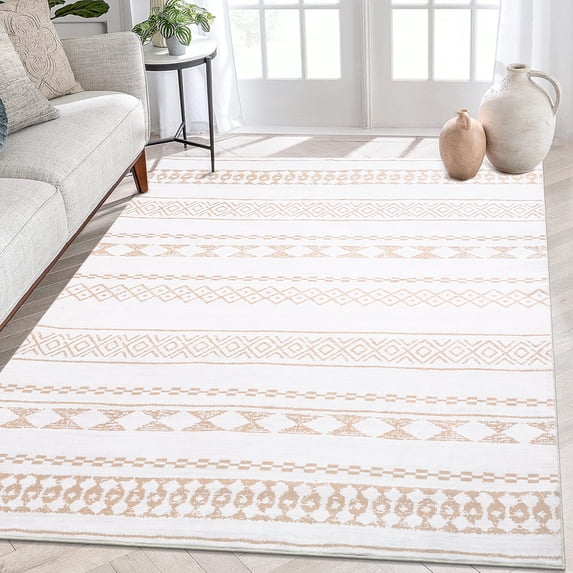GlowSol 9x12 Large Washable Rug Bohemian Farmhouse Area Rug Modern Geometric Area Rug Moroccan Rug for Bedroom Dining Room Home Office, Light Brown