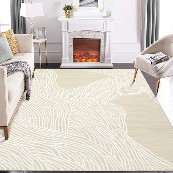 GlowSol 9x12 Large Washable Rug Indoor Stripes Print Accent Rug Soft Faux Wool Rug Non Slip Backing Low Pile Rug for Dining Room Office, Beige White