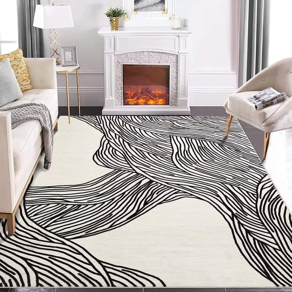 GlowSol 9x12 Large Washable Rug Indoor Stripes Print Accent Rug Soft Faux Wool Rug Non Slip Backing Low Pile Rug for Dining Room Office, Black White