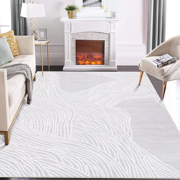 GlowSol 9x12 Large Washable Rug Indoor Stripes Print Accent Rug Soft Faux Wool Rug Non Slip Backing Low Pile Rug for Dining Room Office, Light Gray/White