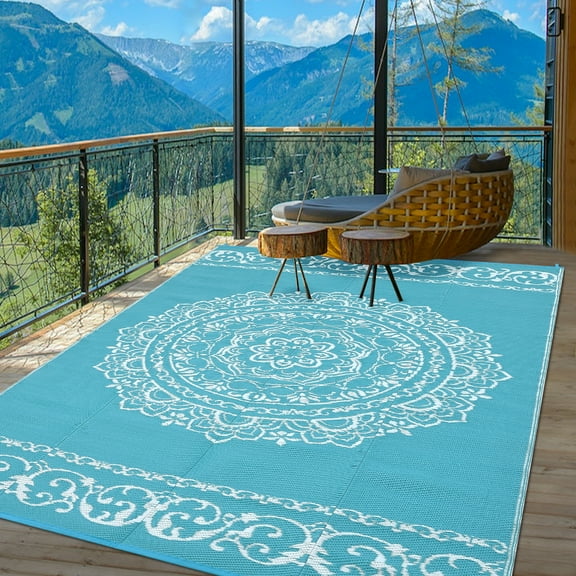 GlowSol 9x12 Outdoor Rug Waterproof Carpet Patio Rug Indoor Outdoor Area Rug Reversible Rug for Picnic Beach Deck-Outdoor, Light Blue/White