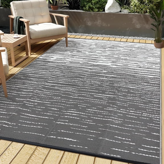 GlowSol 9x12 Outdoor Rug Waterproof - Plastic Straw RV Camping Rug, Foldable Reversible Patio Mat, Lightweight UV Resistant Carpet for Backyard Deck Picnic Beach Porch, Gray White Striped