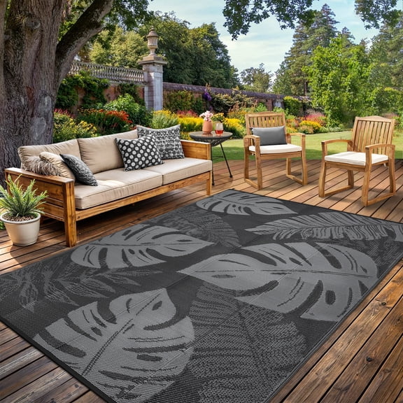 GlowSol 9x12 Outdoor Rug Waterproof Reversible PP Woven Patio Mat Large Tropical Wide Leaf Pattern with Stakes and Carry Bag Lightweight Camping Rug for Patio Porch Deck RV Backyard, Black Gray