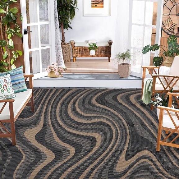 GlowSol 9x12 Outdoor Rug,Waterproof Reversible Plastic Straw Patio Rug, Foldable Camping Mat for RV Deck Backyard Porch Picnic, Abstract Quicksand Design with Carry Bag, Black Gray Coffee