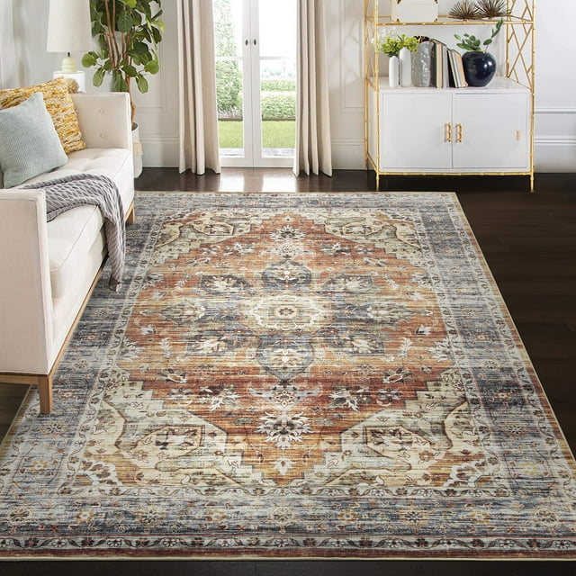GlowSol 9x12 Low Pile Indoor Rug, Traditional Distressed Design