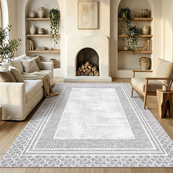 GlowSol 9x12 Washable Area Rug, Gray Geometric Non Slip Living Room Rug, Soft Low Pile Indoor Carpet for Bedroom Dining Room