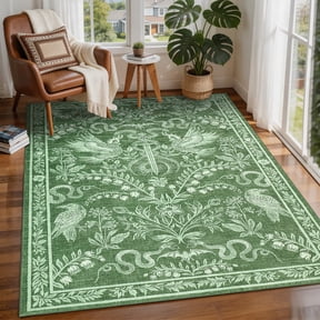 GlowSol 9x12 Washable Area Rug, Non-Slip Gothic Hallway Carpet with Sword Print, Foldable Bedroom Living Room Office, Green