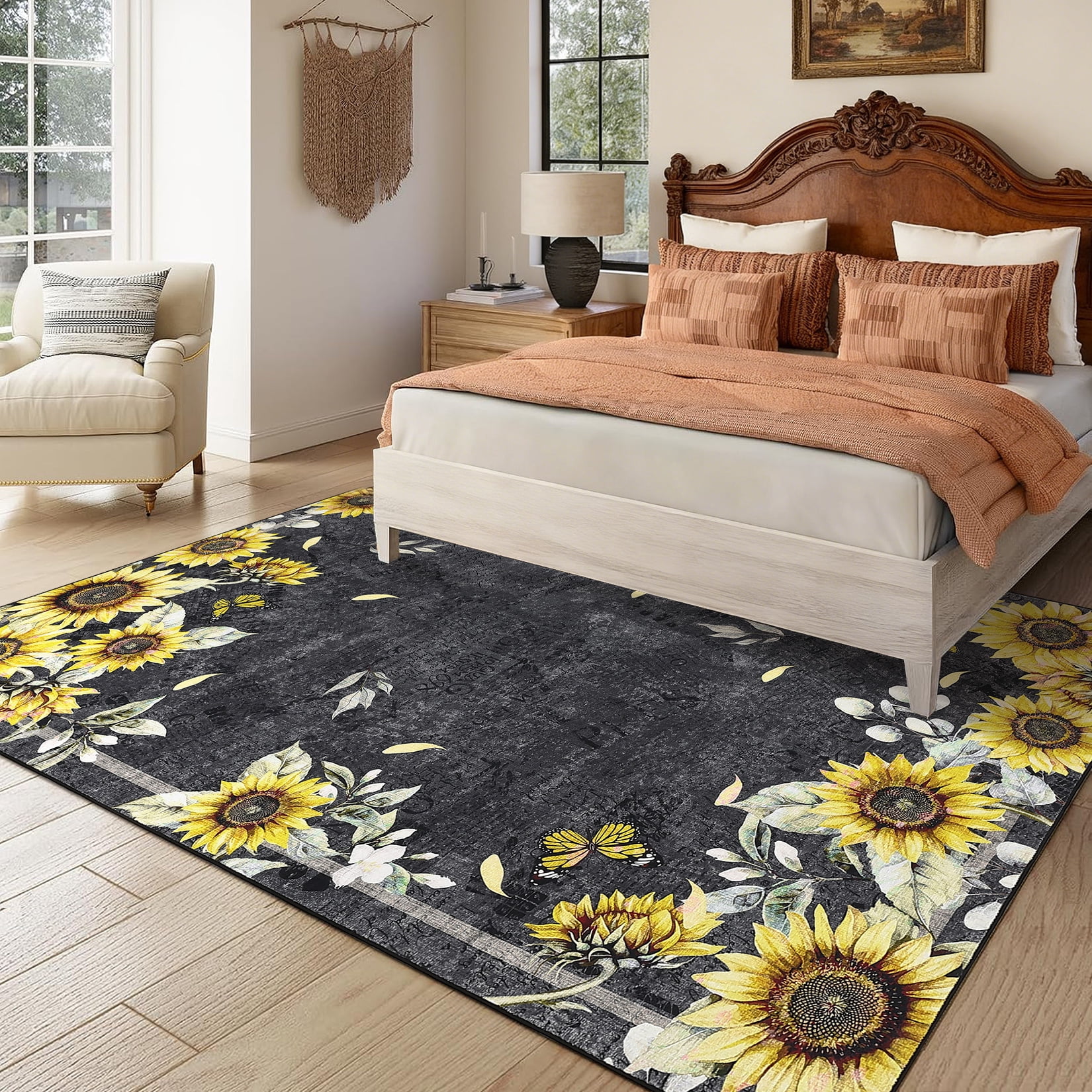 Floral Rug Designer GlowSol 9x12ft Black Washable Area Rug, Yellow Flower Design, Non‑Slip ...