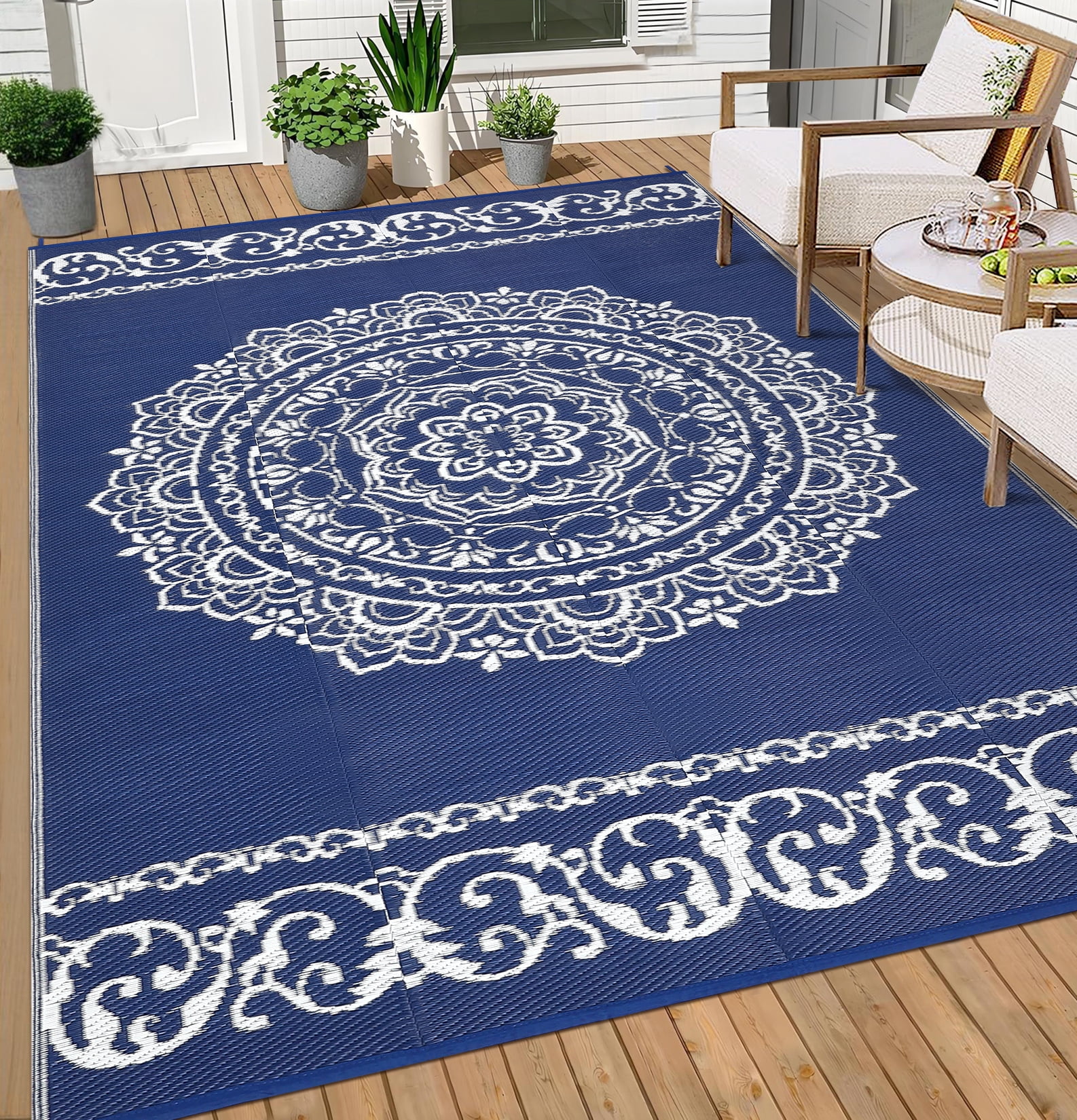 GlowSol 9x18 Outdoor Rug Waterproof Carpet Patio Rug Indoor Outdoor Area Rug Reversible Rug for Picnic Beach Deck-Outdoor, Dark Blue/White