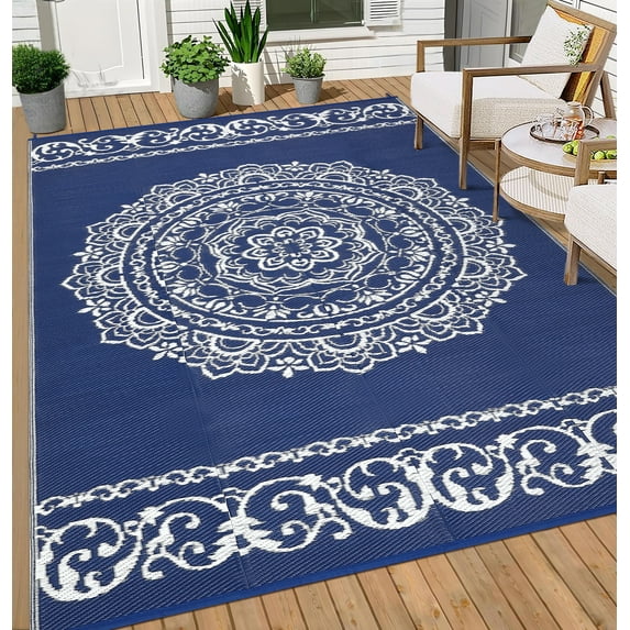 GlowSol 9x18 Outdoor Rug Waterproof Carpet Patio Rug Indoor Outdoor Area Rug Reversible Rug for Picnic Beach Deck-Outdoor, Dark Blue/White