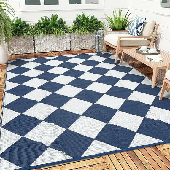 GlowSol 9x18 Outdoor Rug Waterproof Carpet Patio Rug Indoor Outdoor Area Rug Reversible Rug for Picnic Beach Deck-Outdoor, Dark Blue/White