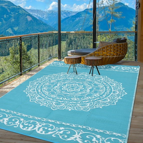 GlowSol 9x18 Outdoor Rug Waterproof Carpet Patio Rug Indoor Outdoor Area Rug Reversible Rug for Picnic Beach Deck-Outdoor, Light Blue/White