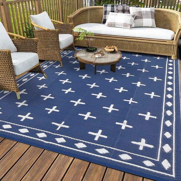 GlowSol 9x18 Outdoor Rug Waterproof Reversible - Plastic Straw Patio Mat with Geometric Cross Border Design, Foldable Camping & RV Rug for Deck, Backyard, Balcony, Picnic and Beach，Blue White