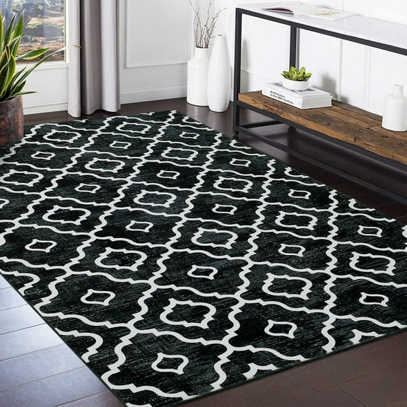 GlowSol Area Rug 5'x7' Farmhouse Geometric Moroccan Rug Washable Rug Stain-Resistant Accent Rug for Dining Room Home Office, Black