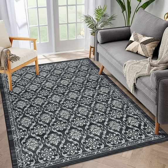 GlowSol Area Rug 5x7 Vintage Rug Floral Print Floor Cover Indoor Farmhouse Thin Rug Foldable Retro Accent Rug for Dining Room Office, Gray Black