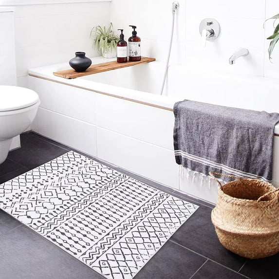 GlowSol Bathroom Rug Moroccan Boho Trellis Tribal Accent Door Mat Entryway Rug Washable Rugs for Doorway Indoor Door Mat, 2x3 feet, Black and White
