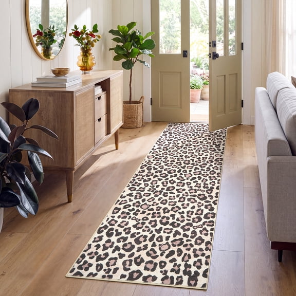GlowSol Beige and Brown 2x6 Leopard Runner Rug, Machine Washable Non-Slip Low Pile Rug, Stylish Leopard Print Carpet, Soft Durable Floor Mat for Living Room, Bedroom, Dining Room Nursery, Hallway