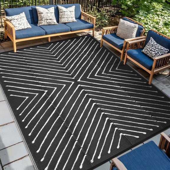 GlowSol Black and White Striped Outdoor Rug 8x10 Waterproof - Reversible Plastic Straw Patio Mat for Camping, Deck, RV, Backyard, Picnic, Balcony