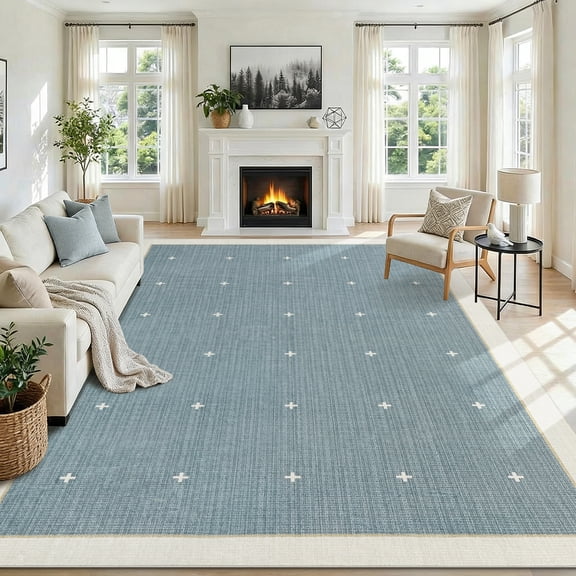 GlowSol Blue Area Rug 8x10, Washable Indoor Carpet, Non-Slip Faux Wool Hallway Runner, Modern Entryway Rug for Bedroom Living Room
