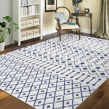 GlowSol Boho Moroccan Area Rug 9'x12' Large Indoor Geometric Rug for Living Room Bedroom Machine Washable Foldable Farmhouse Low Pile Non-Slip Rug, Blue