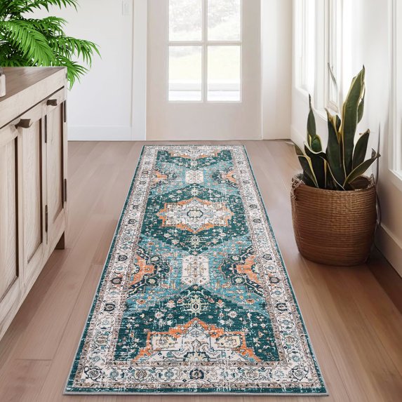 GlowSol Boho Washable Runner Rug 2'x6' Kitchen Bathroom Runner Rug Vintage Distressed Non-Slip Low-Pile Bedsides Runner for Laundry, Green/Orange