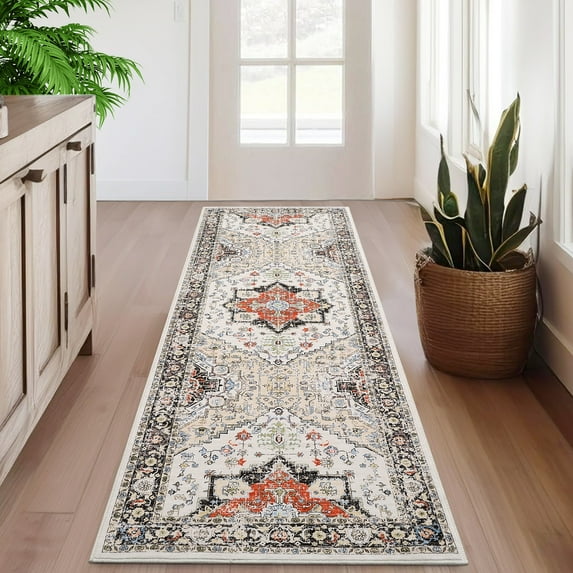GlowSol Boho Washable Runner Rug 2'x6' Kitchen Bathroom Runner Rug Vintage Distressed Non-Slip Low-Pile Bedsides Runner for Laundry, Yellow Red
