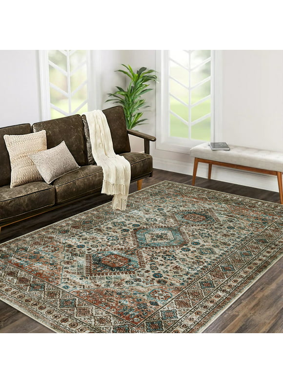 GlowSol Brown 5'x7' Area Rug Persian Vintage Geometric Foldable Rug Floral Retro Accent Rug Non Slip Carpet for Kitchen Living Room Bedroom Dorm