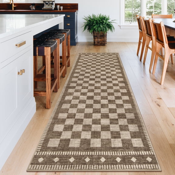 GlowSol Checkered Geometric Washable Runner Rug 2x6, Soft Low-Pile Indoor Carpet with Non-Slip Backing for Kitchen, Nursery, Hallway, Brown