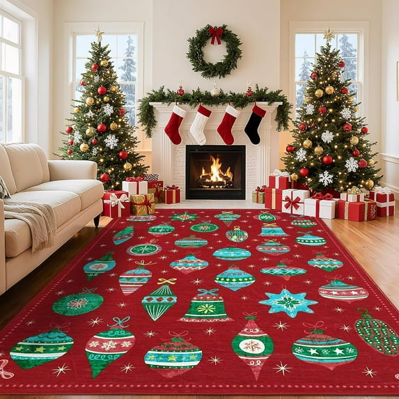 GlowSol Christmas Area Rugs 5'x7' Soft Washable Xmas Festive Decor Rug Non-Slip Low Pile Rugs for Dining Room Home Office, Red