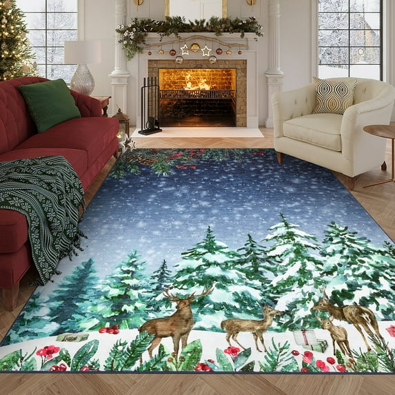 GlowSol Christmas Area Rugs 5'x7' Soft Washable Xmas Snowman Tree Festival Decor Rug Non-Slip Low Pile Rugs for Dining Room Home Office, Blue