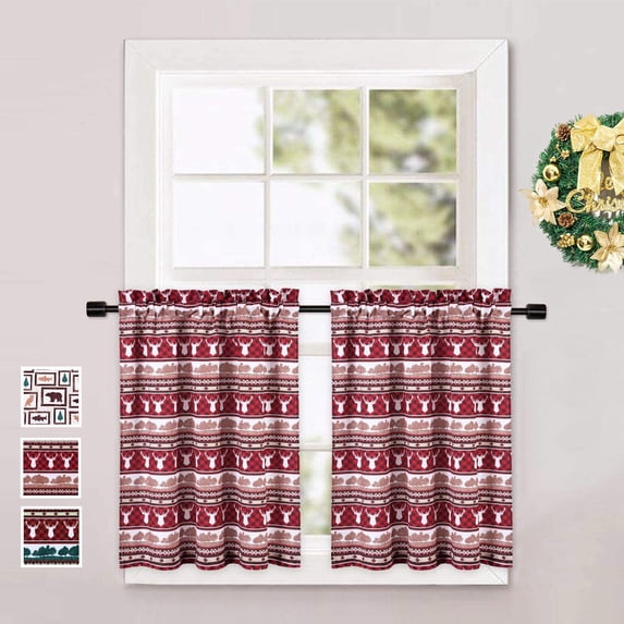 GlowSol Christmas Reindeer Plaid Farmhouse Home Decor Short Tier Curtains for Kitchen Cafe Bathroom Window Curtains, Red, 30 Inch Length